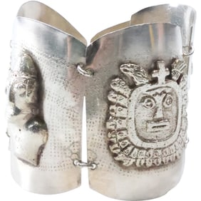 Sterling Silver Peru Ruana Industry 4-Panel Tribal Men Wide Bracelet weighs 95.7 grams,