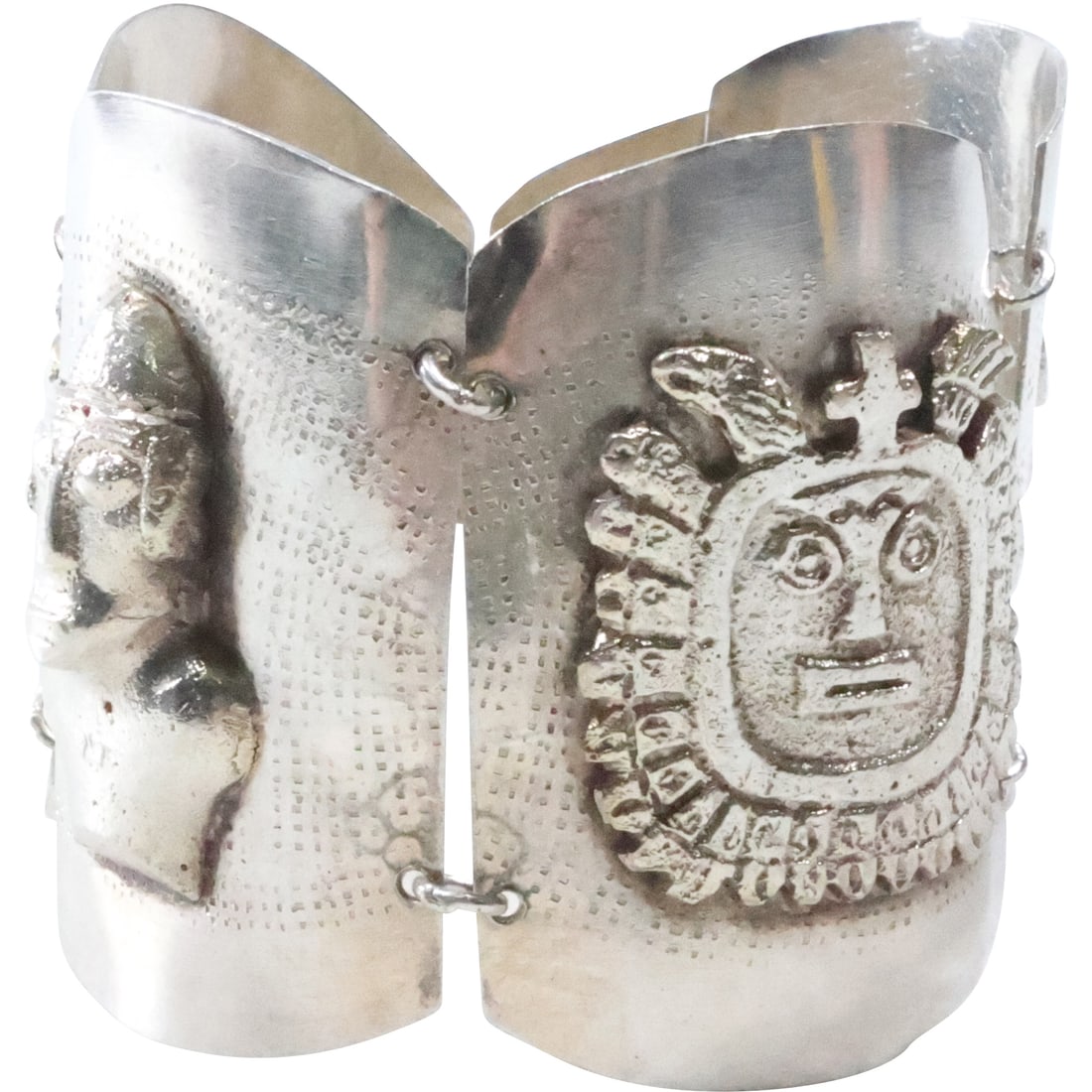 Sterling Silver Peru Ruana Industry 4-Panel Tribal Men Wide Bracelet weighs 95.7 grams, (1 of 14)