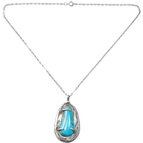 Sterling Silver Native American Indian Navajo Pendant with Turquoise Necklace on 16 in. .925 Chain