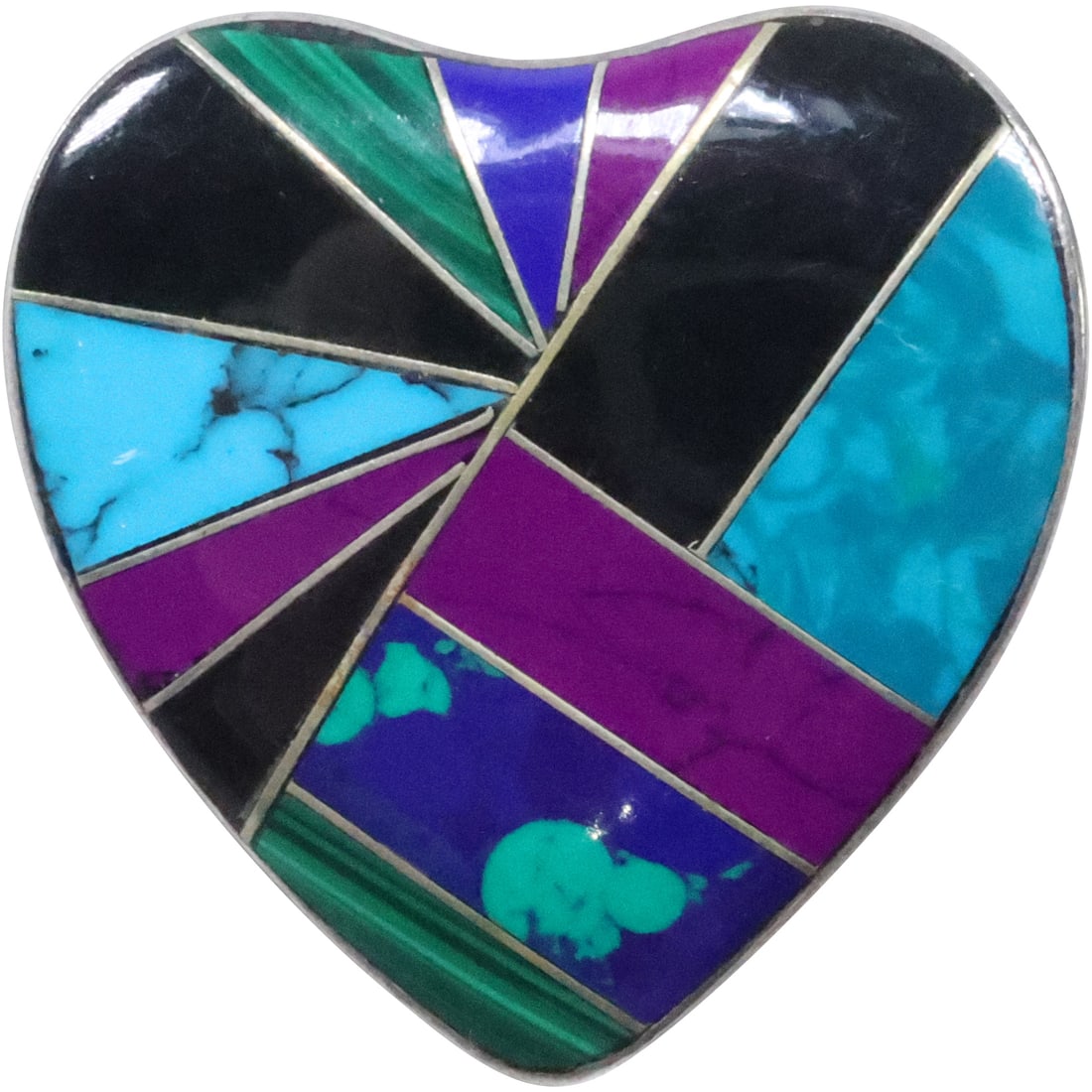 TN-24 .925 Mexico Zuni Heart Pin / Pendant with Malachite, Lapis, Amethyst, Turquoise, Black Onyx (1 of 12)