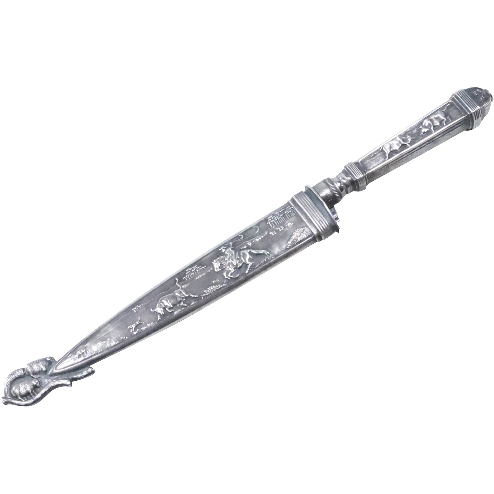 INOX Knife and Sheath with Embossed Western Cowboy Lassoing Steer, Sheath Tests Sterling, (1 of 20)