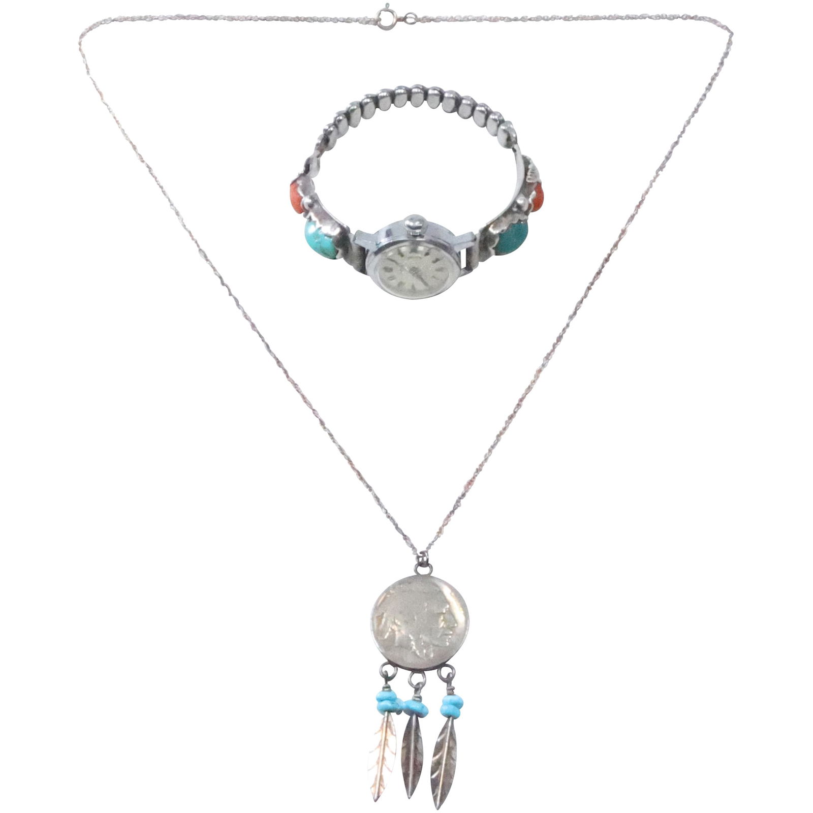 Vantage Watch with Date with American Indian Navajo Band, Sterling Silver with Turquoise, Coral: Vantage Watch with Date with American Indian Navajo Band, Sterling Silver with Turquoise, Coral, 3 1/2 in. x 1 in.; Indian Head Pendant 2 in. x 1 in. Necklace on 18 in. Sterling .925 Chain