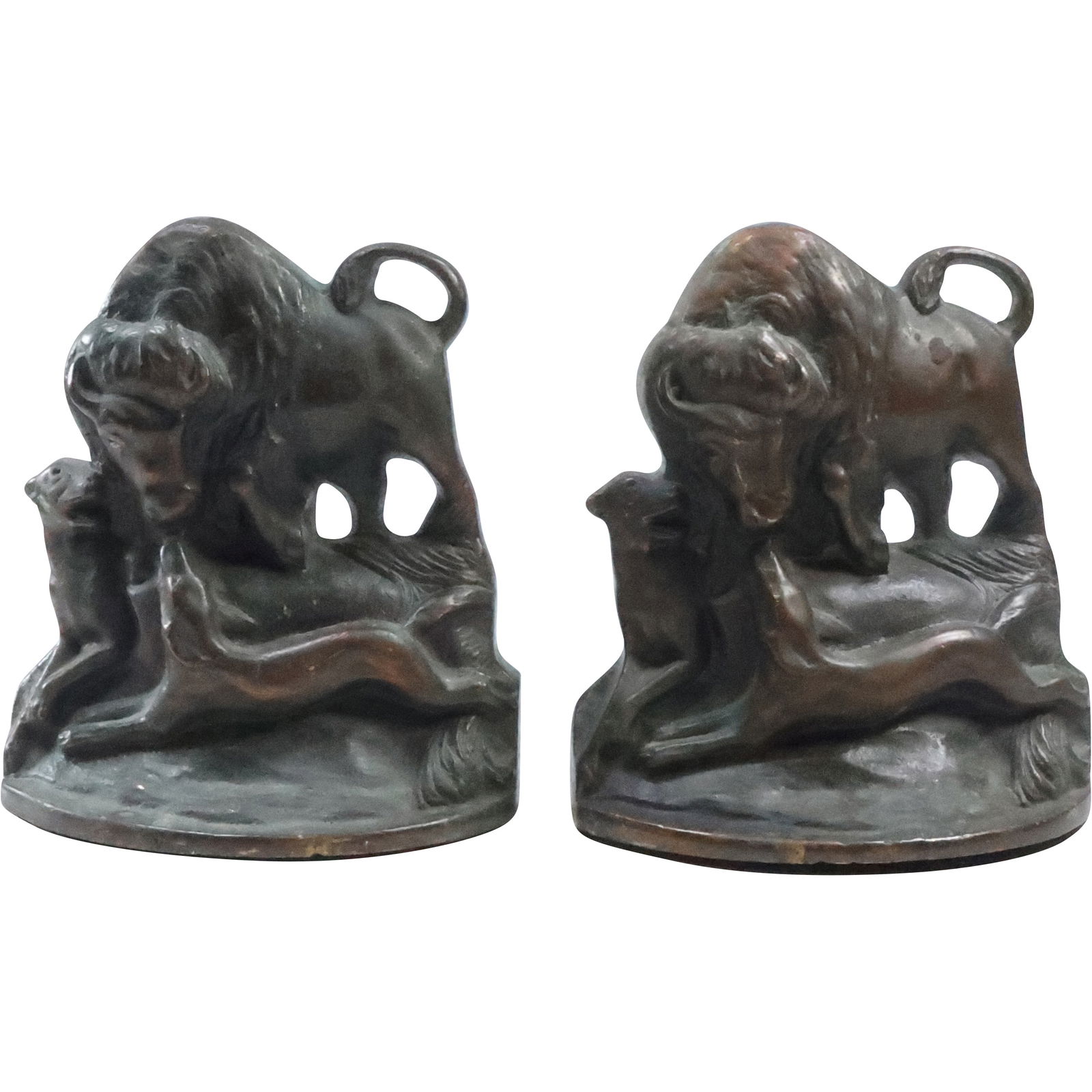 ANTIQUE BISON "BUFFALO HUNT" SOLID CAST BRONZE BOOKENDS Circa 1920s (1 of 20)