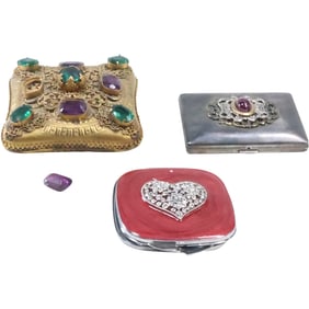 3 Assorted Vintage Compacts: Ann Cichon Dallas Enameled Heart, Gold Dragon Embellished Trinket Box,