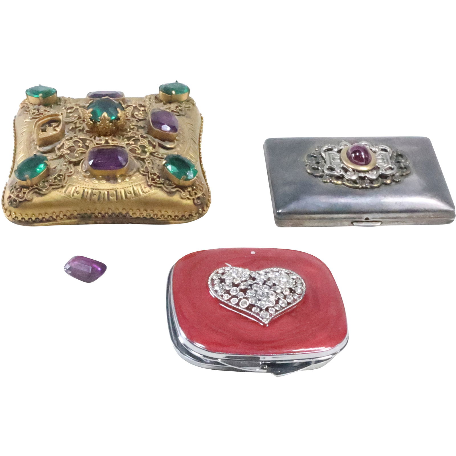 3 Assorted Vintage Compacts: Ann Cichon Dallas Enameled Heart, Gold Dragon Embellished Trinket Box, (1 of 20)