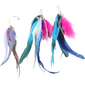 3-Strand Feather Earrings Blue Pink 11 in. x 2 in. & One Single Earring 5-Strand Feather 9 in. x 2
