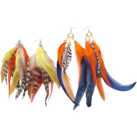 2 Pairs Feather Earrings: 3-Strand Orange Blue 9 in. x 2 1/2 in. & 4-Strand 7 1/2 in. x 3 1/2 in.