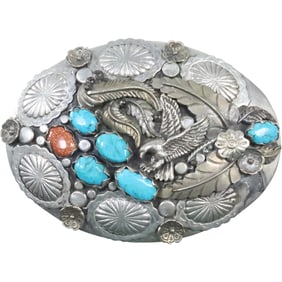 Large Southwestern American Indian Belt Buckle with Eagle applied Feathers, Stones  4 1/8 in. x 3 in