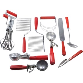 10 Assorted Vintage  Red Bakelite Handled Kitchen Utensils - See Pictures on Items