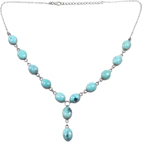 American Indian Navajo Stunning .925 Sterling Silver Turquoise Lavalier Necklace 20 in. x 7/8 in.