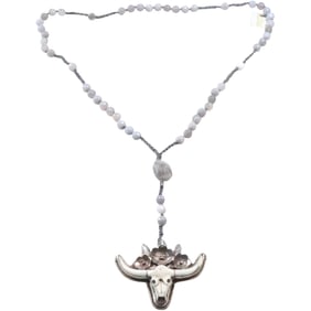 CHERYL DUFAULT Botswana Agate Beads Necklace with Silver & Copper Steer Bull, Dogwood Flowers