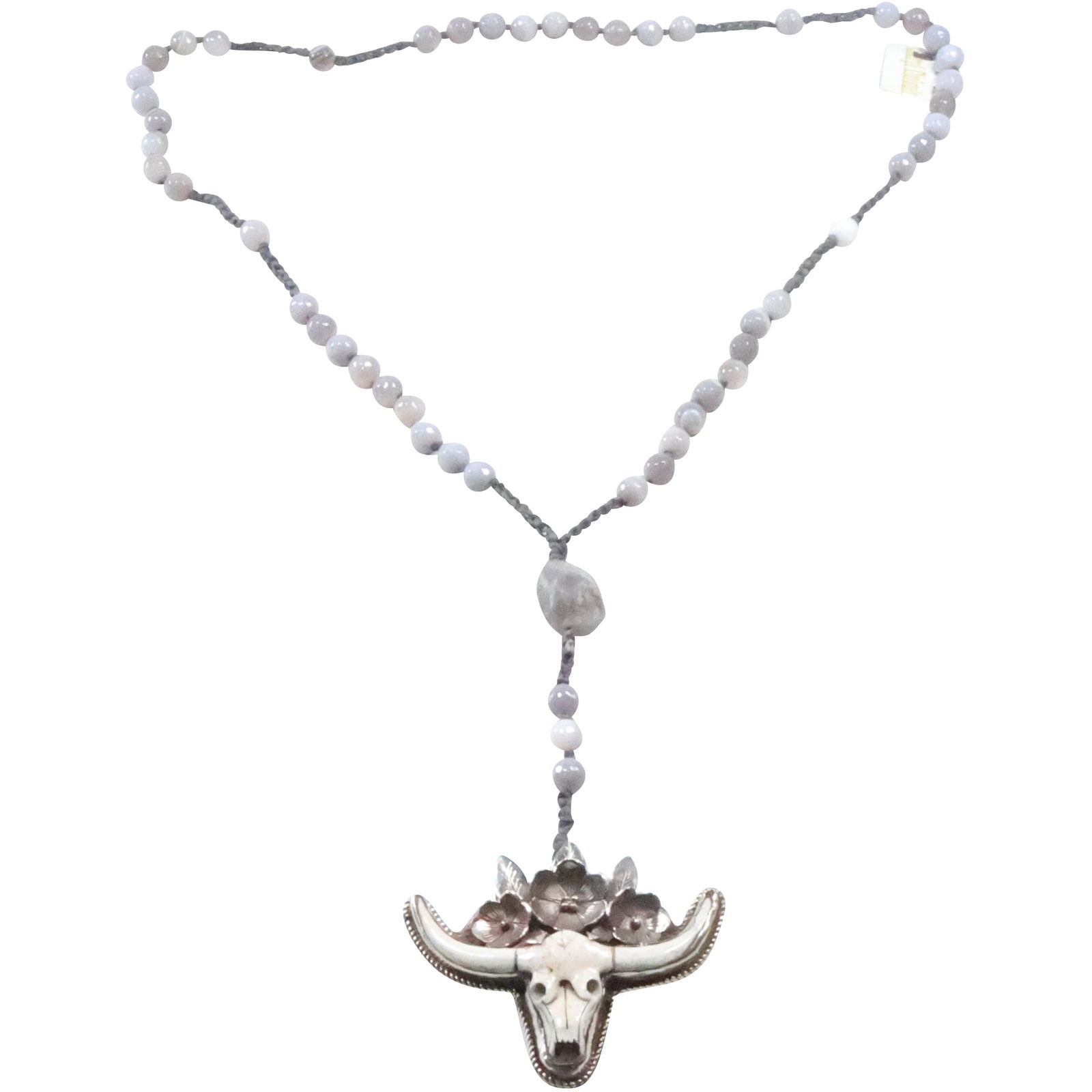 CHERYL DUFAULT Botswana Agate Beads Necklace with Silver & Copper Steer Bull, Dogwood Flowers: CHERYL DUFAULT Botswana Agate Beads Necklace with Silver & Copper Steer Bull, Dogwood Flowers Powerful and Delicate Pendant 34 in. x 7 in. x 3 1/2 in.