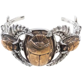 Stunning Sterling Silver Scarab Cuff Bracelet, Sterling with 3 Scarabs, 2 Flanking Lg. Center Scarab