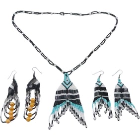 Native American Indian Beaded Necklace 22 in. x 4 in. x 1 1/2 in.; Beaded Earrings, Earrings