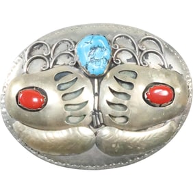 Unsigned American Indian Navajo Sterling Silver with 2 Coral Stones, Turquoise Belt Buckle