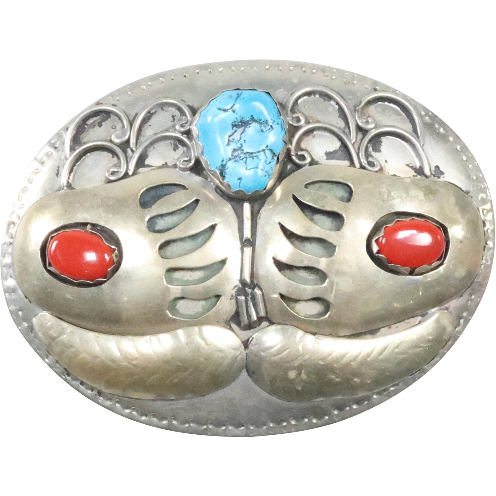 Unsigned American Indian Navajo Sterling Silver with 2 Coral Stones, Turquoise Belt Buckle: Unsigned American Indian Navajo Sterling Silver with 2 Coral Stones, Turquoise Belt Buckle Bear Claw Design 4 in. x 3 in. , weighs 73.5 grams total weight