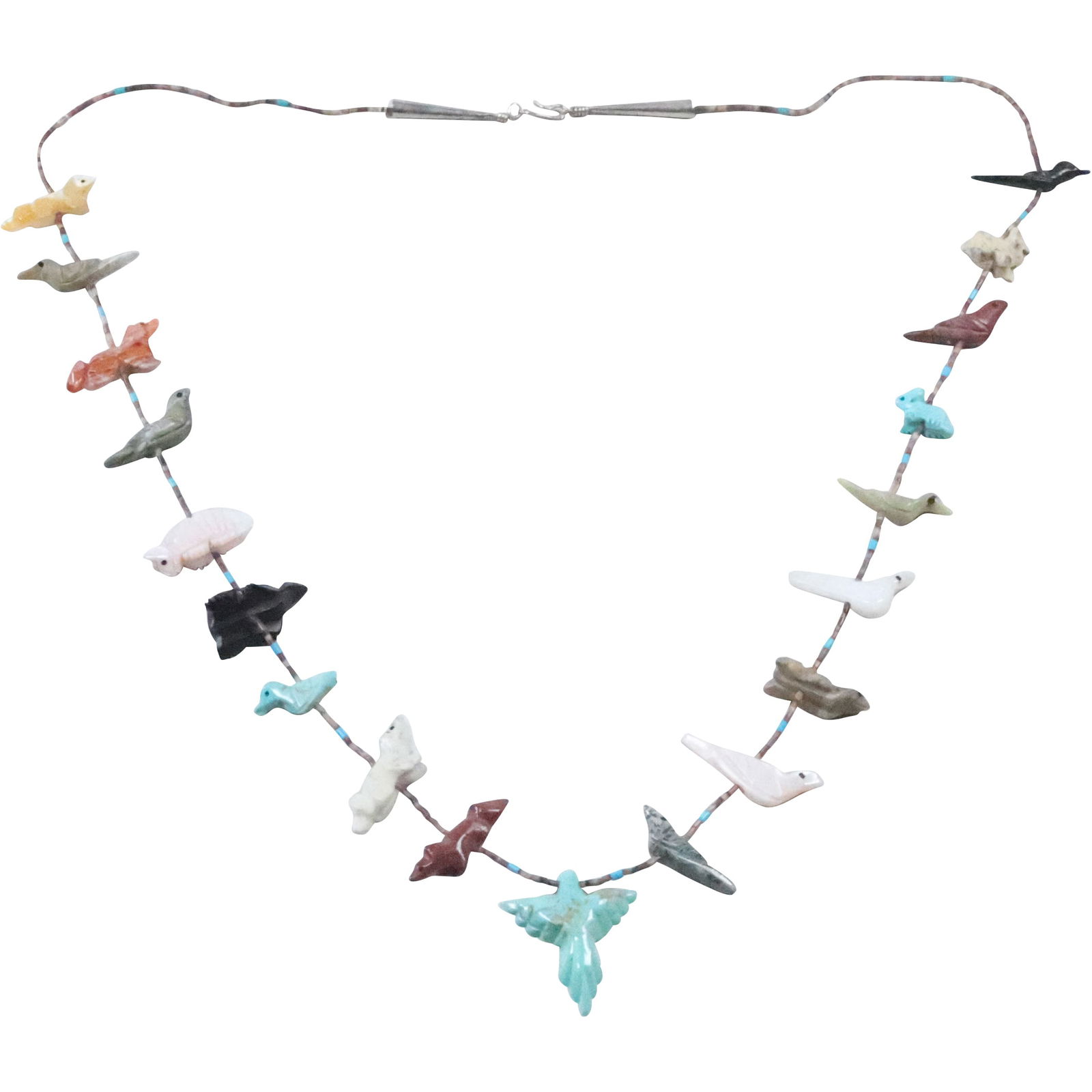 Native American Sterling Silver Stone Figures Necklace Turquoise, MOP, Malachite, Tiger's Eye, (1 of 20)