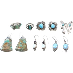 Sterling Silver 4 Pairs Earrings, 2 Sterling Rings and 1 Sterling Silver Butterfly Pin