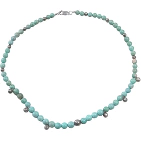 Vintage Turquoise Beads with Sterling Necklace 1930s / 40s , 18 inches x 1/4 in.