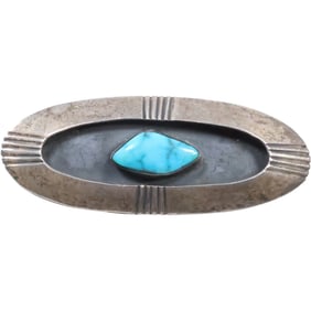 Native American Indian Navajo Pin Sterling Silver with Turquoise 2 1/2 in. x 1 in.