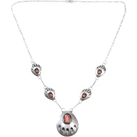 Native American Indian CJ CHARLIE JOHN Navajo 2, .925 Sterling Silver Bear Claw Coral Necklace