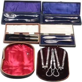 Estate Grouping 5 Assorted Fitted Boxes of Vintage Utensils: Scissors, Knives MOP Sterling Bands,