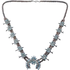 Native American Navajo Sterling Silver & Turquoise Squash Blossom Necklace 26 in. x 1 1/2 in.