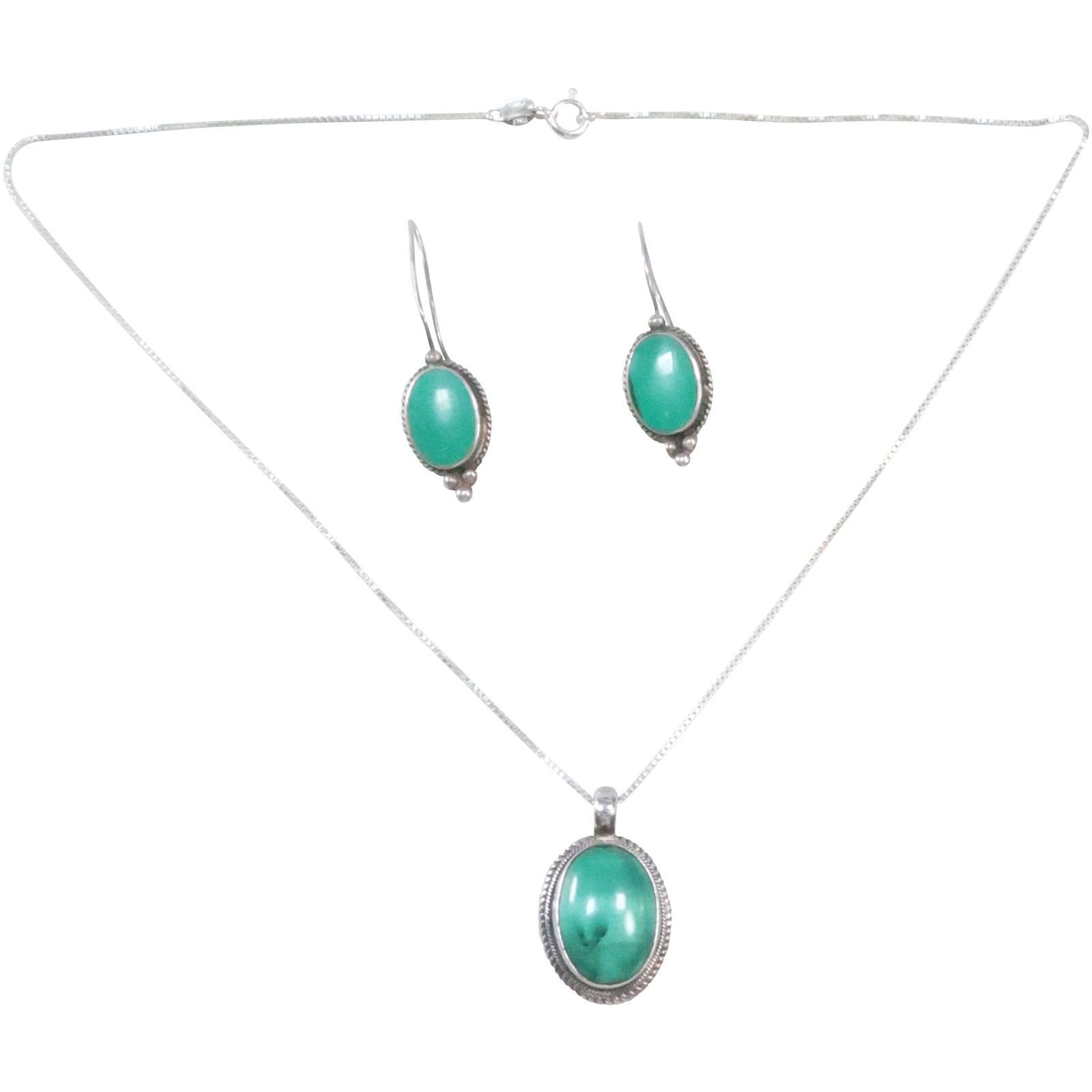 Vintage 1970s/80s Set .925 Sterling Silver & Malachite Pendant Necklace and Matching Earrings (1 of 20)