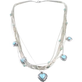 .925 Sterling Silver Liquid Necklace with Heart Charms Sterling and Turquoise 27 in. x 1 1/2 in.