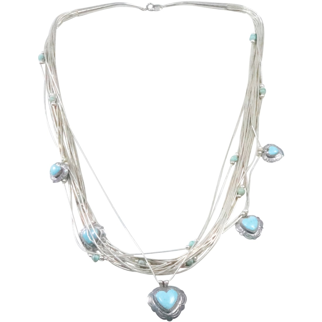 .925 Sterling Silver Liquid Necklace with Heart Charms Sterling and Turquoise 27 in. x 1 1/2 in. (1 of 20)