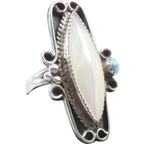 Native American Navajo Sterling Silver, Mother-of-Pearl, Turquoise Ring Size 10 , 2 5/8 in. x 1 in.