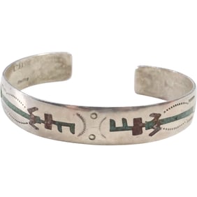 marked ETSOSIE Native American Navajo Silversmith Inlaid Turquoise on Sterling Cuff Bracelet