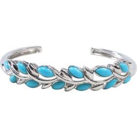 EA .925 Sterling Silver Native American Cuff Bracelet with 12 Sleeping Beauty Color Leaves
