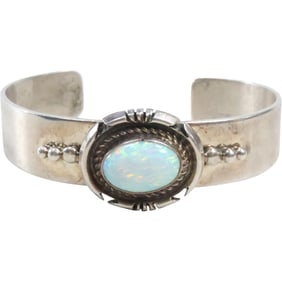 Sterling Silver with Raw Opal WES GRAY Native American Navajo Cuff Bracelet 2 3/8 in. x 2 1/8 in.