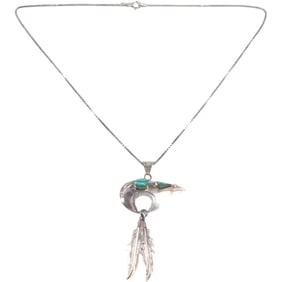 RS ROGER SKEET American Indian Navajo Sterling Silver & Malachite Bear Pendant Feathers Necklace