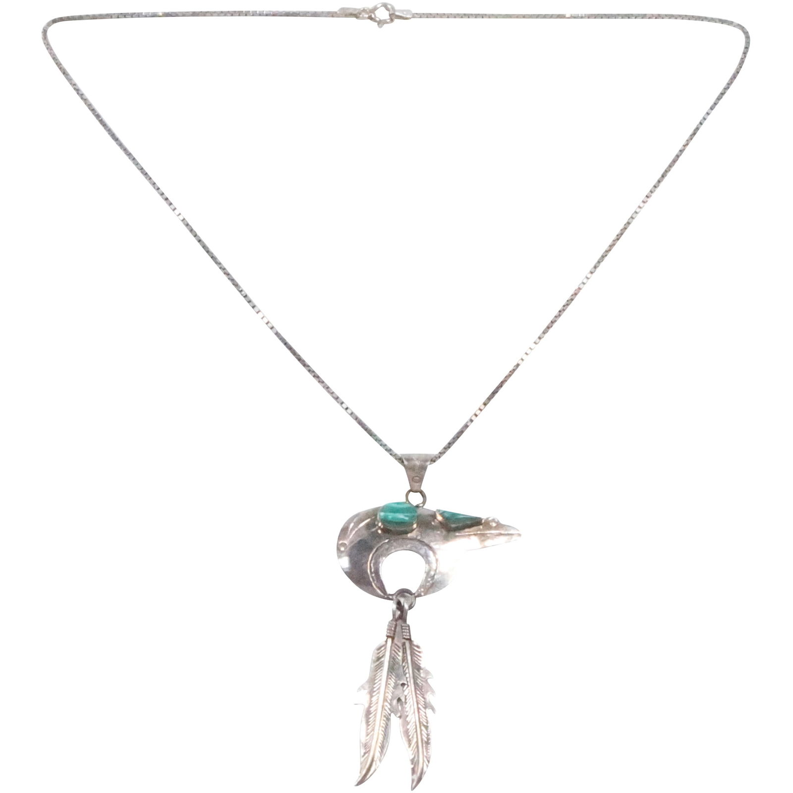 RS ROGER SKEET American Indian Navajo Sterling Silver & Malachite Bear Pendant Feathers Necklace (1 of 18)