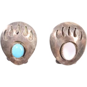 [2] Sterling Silver Bolo Tie Clasps 1 1/4 in. dia. Native American Navajo, Turquoise Mother-of-Pearl