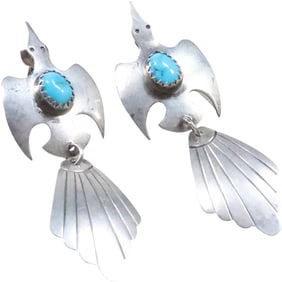 Sterling Silver with Turquoise American Indian Navajo Birds Earrings 2 1/4 in. x 3/4 in.