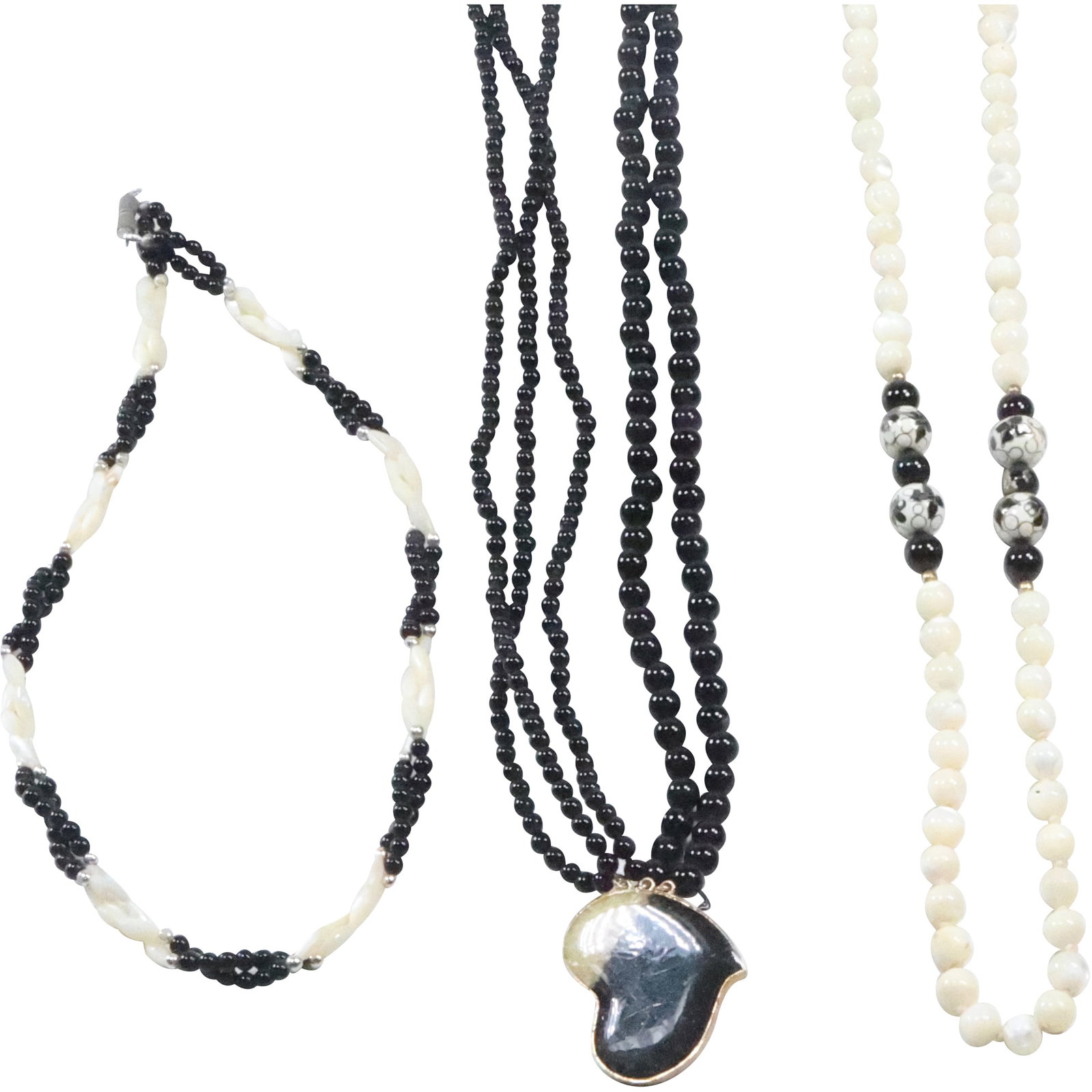 [3] 5-Strand Black Onyx Necklace, Black Onyx & MOP Braided Necklace, MOP Black Onyx Cloisonne: [3] 5-Strand Black Onyx Necklace with heart closure with black onyx and MOP Flecks 18 1/2 in. x 1 1/4 in. , Black Onyx & MOP Braided Necklace 17 in. x 1/4 in., MOP, Black Onyx and Cloisonne Bead Neckl