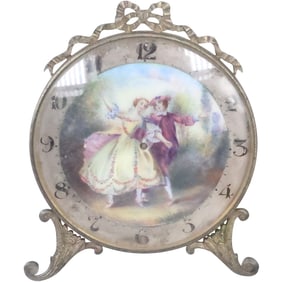 Antique French Bronze Case Desk Clock with Enameled Courting Scene, H. Samuel Manchester, Acme Lever