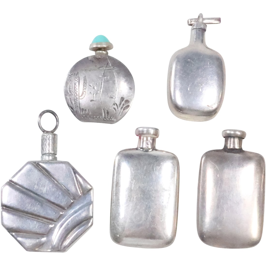 [5] Five Assorted Sterling Silver Snuff Bottles. Marked: .925, Mexico, Sterling. 69.4 grams weight (1 of 20)