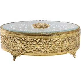 Circa 1940s Very Ornate Gold Gilt Brass Metal Oval Vanity Dresser Box, beveled glass top lid