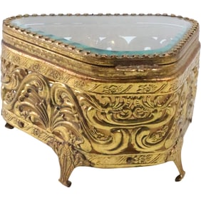 Antique French 3-Corner Bevel Glass Lid Vanity Vitrine Dresser Box