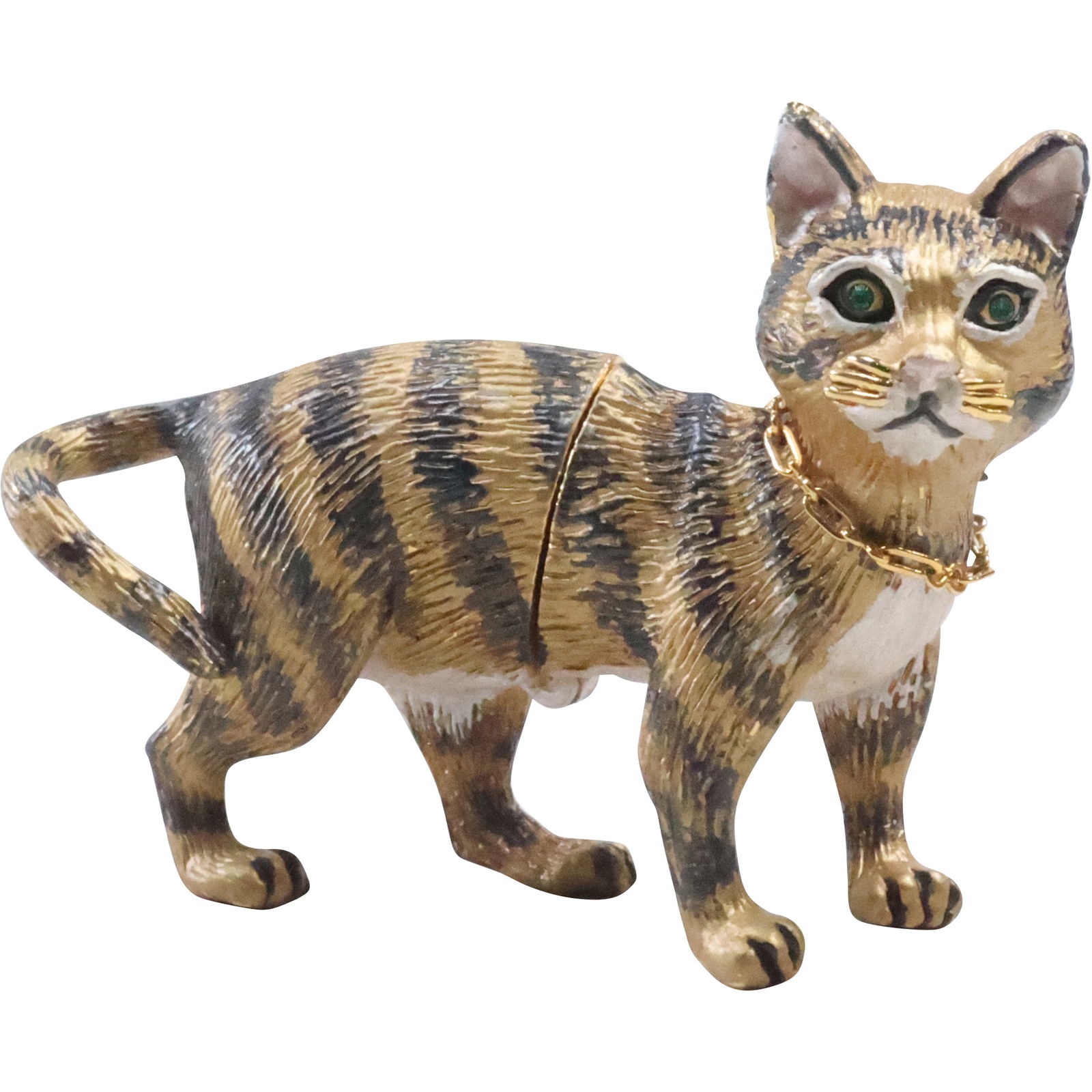 Unique Ruccin Cat Figural Trinket Box. Original paint patina finish, green stone eyes (1 of 15)