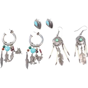 3 Pairs Assorted Sterling Silver Earrings: Button with Feathers, Triangular with Turquoise, Hoops