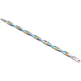 Sterling Silver Native American Indian Zuni7-Panel Link Bracelet Turquoise, Lapis, Tiger's Eye