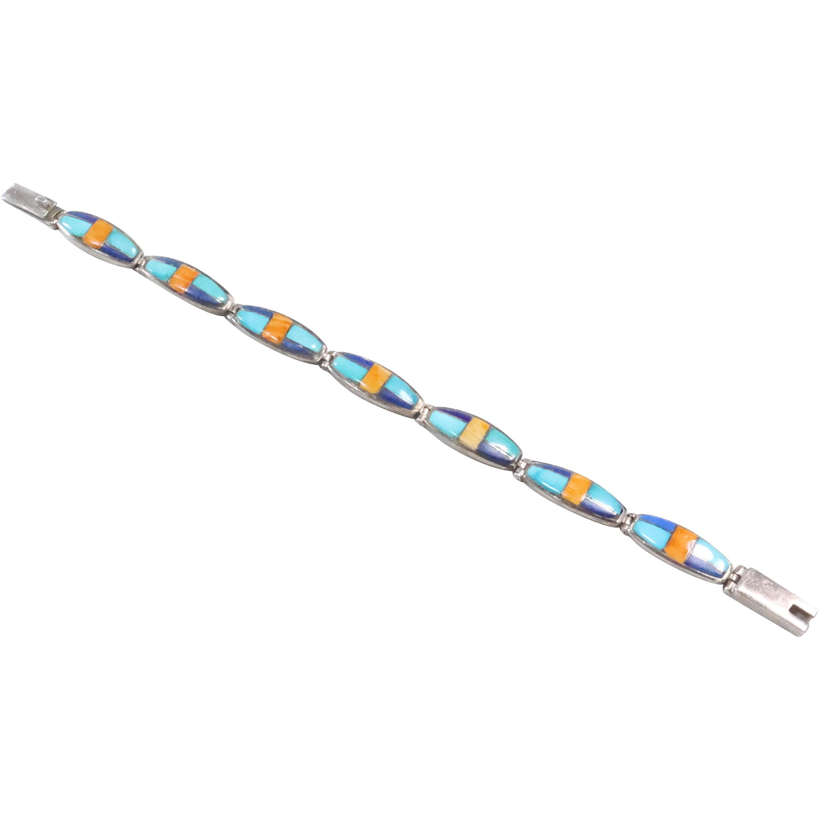 Sterling Silver Native American Indian Zuni7-Panel Link Bracelet Turquoise, Lapis, Tiger's Eye (1 of 14)