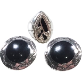 CP Carolyn Pollack Sterling Silver Native American Design Black Onyx with Flowers Ring Size 7
