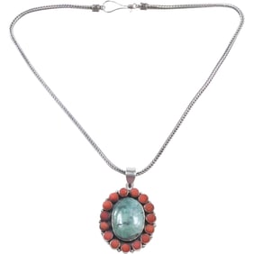 Native American Navajo .925 Heavy Sterling Silver Pendant with Turquoise & Coral Necklace