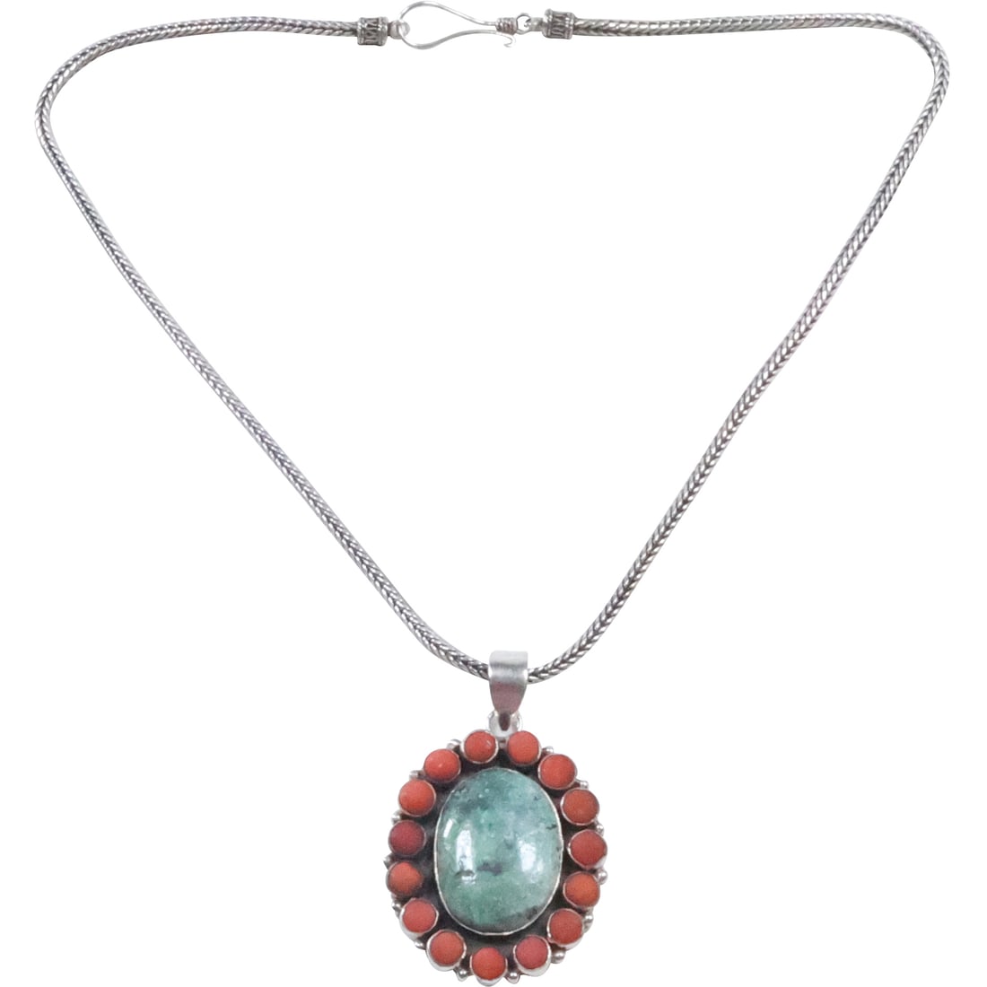 Native American Navajo .925 Heavy Sterling Silver Pendant with Turquoise & Coral Necklace (1 of 18)